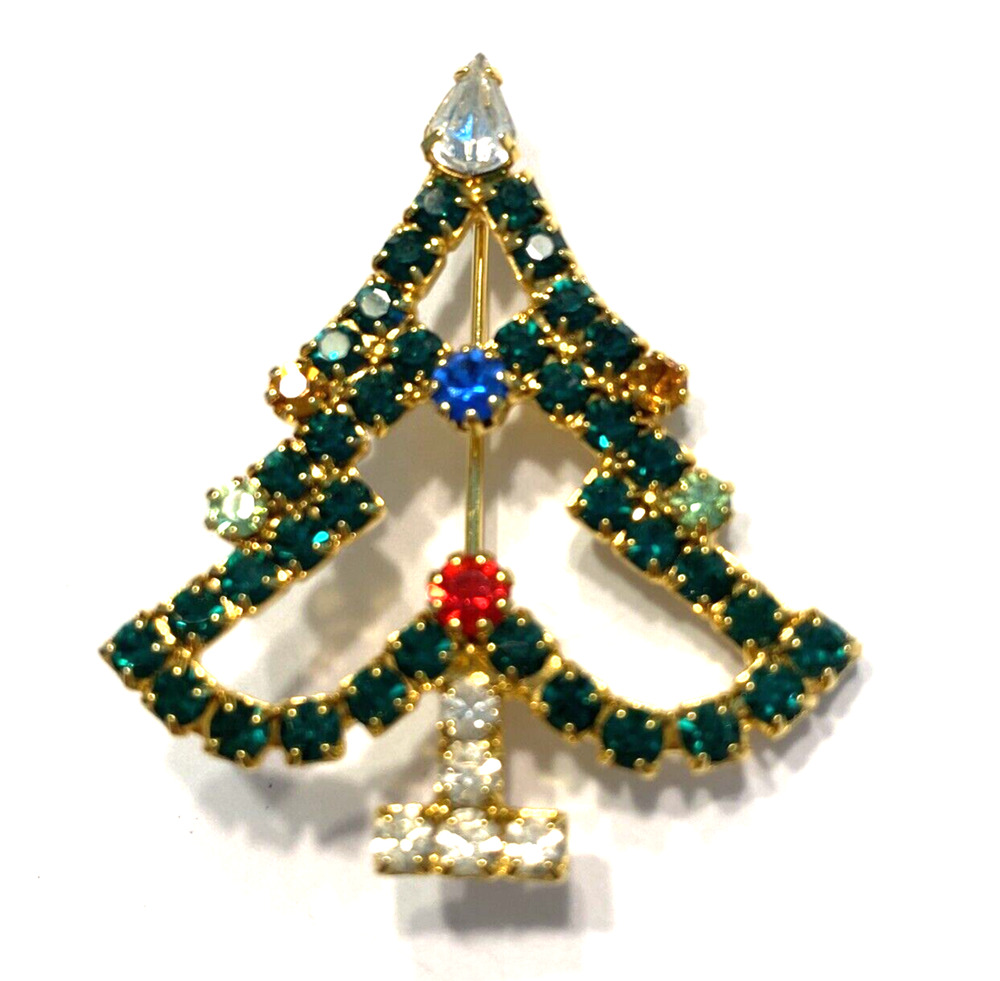 Rhinestones Christmas Tree Brooch Gold & Multicolor Mid Century Festive Pin